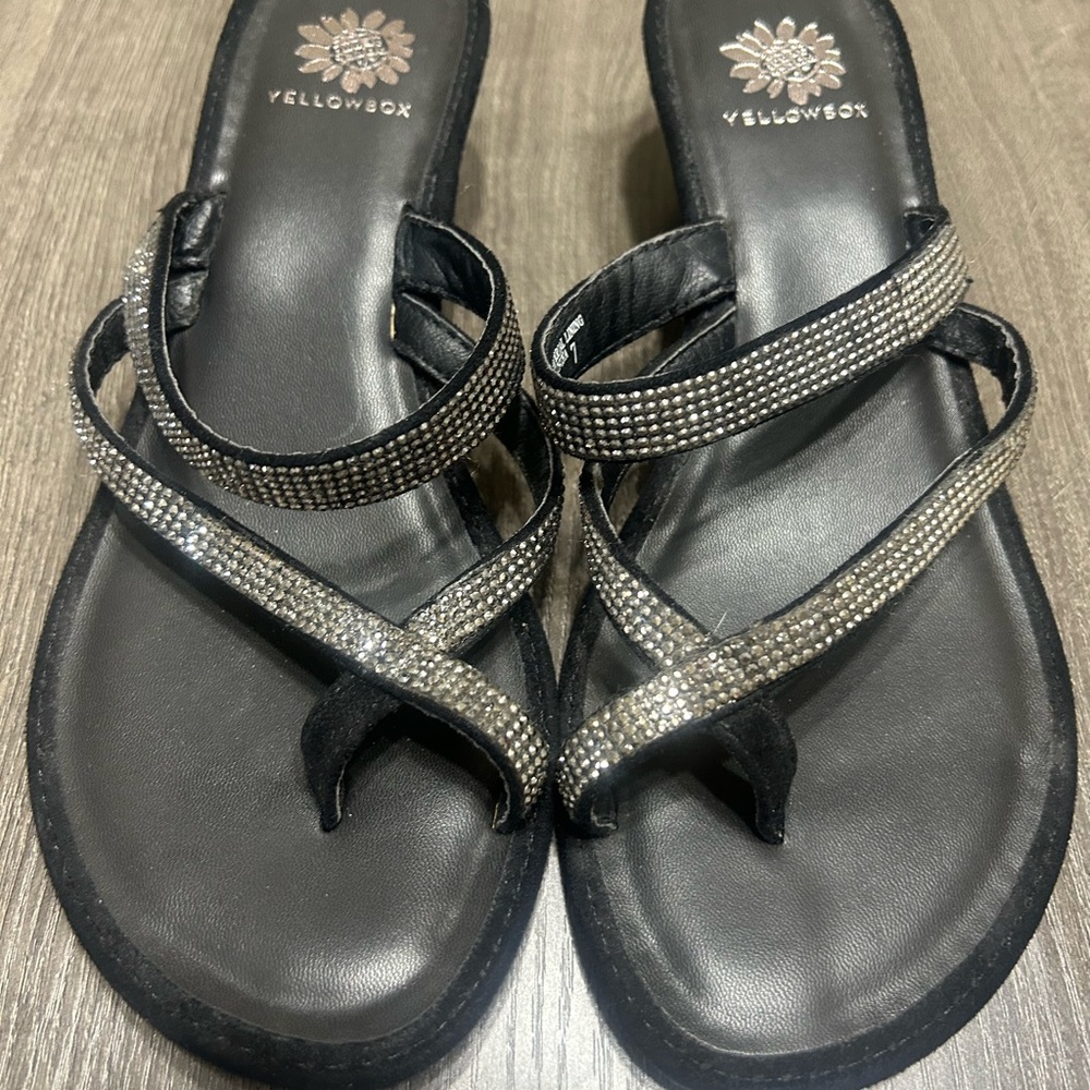 Yellow Box Black Rhinestone Strapped Platform Heel Sandals 7 Classy Summer Night